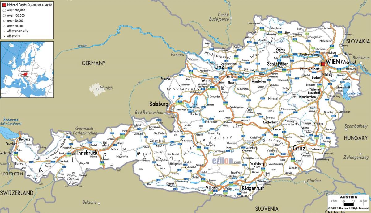 خريطة مفصلة النمسا مع المدن
